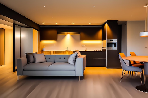 Un soggiorno con interior design della cucina
