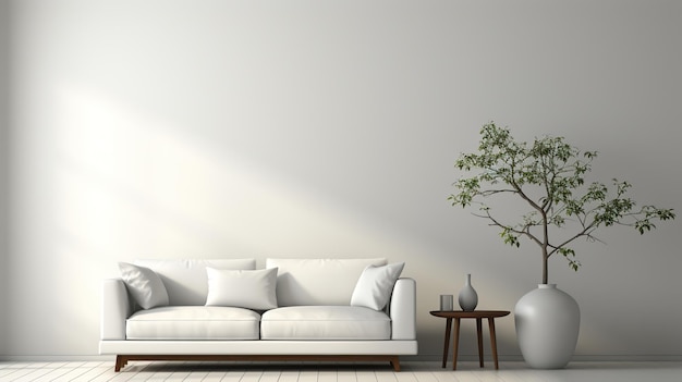 Un soggiorno con pareti bianche e pavimenti in legno duro, compresa una grande pianta verde