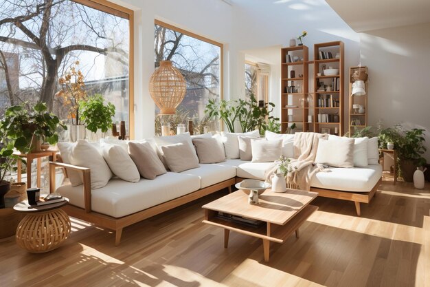 Un soggiorno con pavimento in legno di design scandinavo