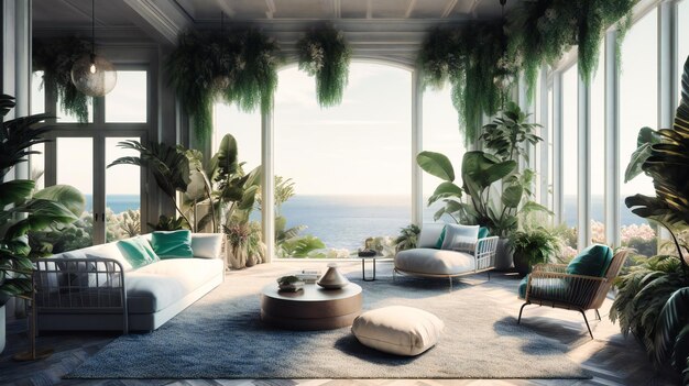 Un soggiorno con piante e finestre che si affacciano sulla spiaggia