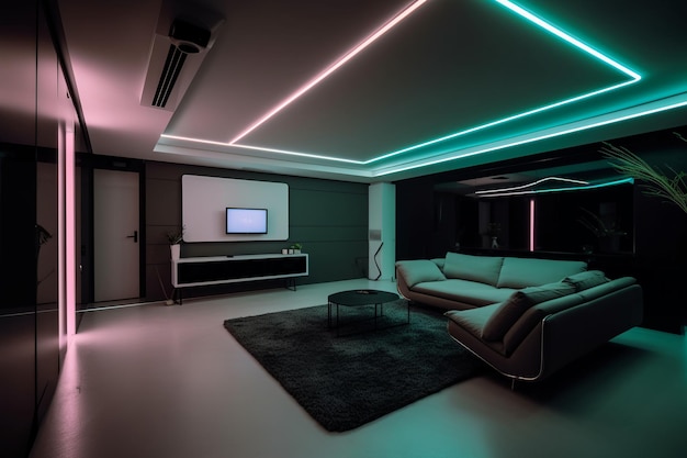 Un soggiorno con tv e divano con luci sul soffitto