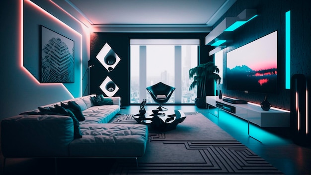 Un soggiorno con tv e un divano con una luce blu sulla parete.