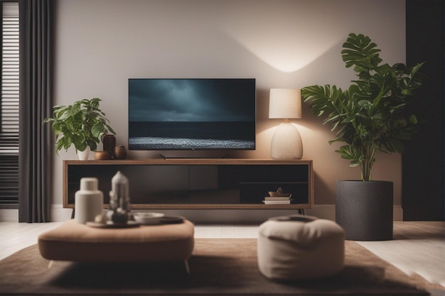 Un soggiorno con tv e una pianta sul tavolo