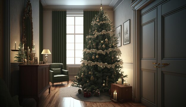 Un soggiorno con un albero di Natale e una lampada