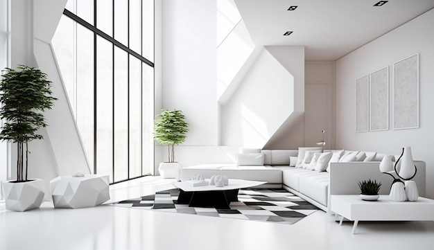 Un soggiorno con un divano bianco e un pavimento a scacchi bianchi e neri.