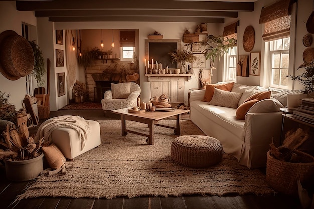 Un soggiorno con un divano bianco e un tavolo in legno con tavolino in legno.