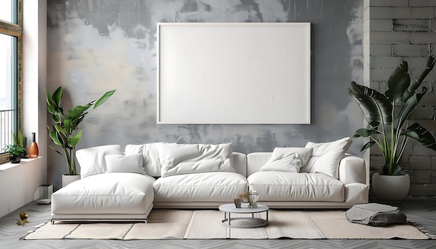 un soggiorno con un divano bianco e una foto sulla parete