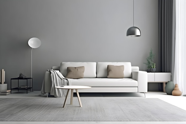Un soggiorno con un divano bianco e una lampada a parete.