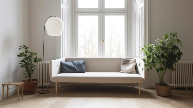 Un soggiorno con un divano bianco e una lampada.