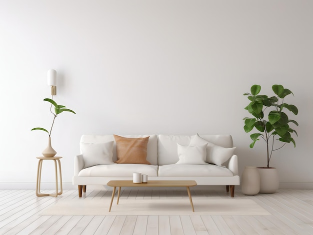 Un soggiorno con un divano bianco e una pianta sul muro.