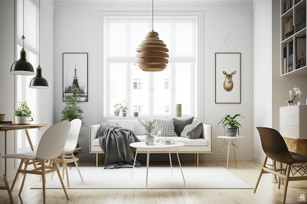 Un soggiorno con un divano bianco, un tavolo bianco, una lampada e l'immagine di un albero.