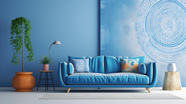 Un soggiorno con un divano blu e due decorazioni a parete bianche di design moderno e minimalista