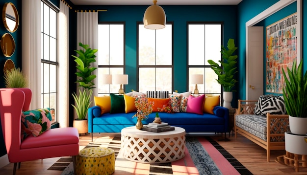Un soggiorno con un divano blu e un tavolino con sopra un cuscino colorato.