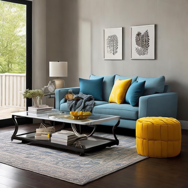 Un soggiorno con un divano blu e un tavolino con sopra un cuscino giallo