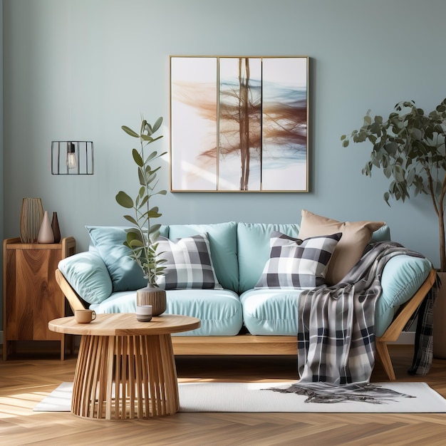 un soggiorno con un divano blu e un tavolo da caffè con una pittura sulla parete
