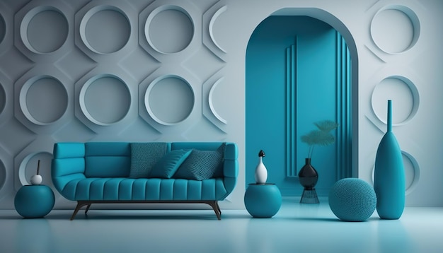 Un soggiorno con un divano blu e un vaso tondo alla parete