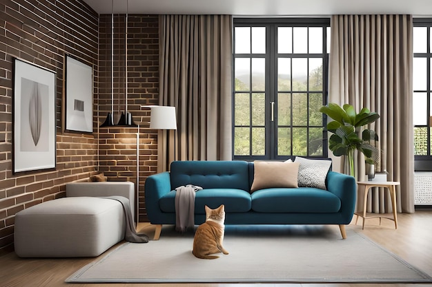 Un soggiorno con un divano blu e una grande finestra con l'immagine di un gatto sul muro.