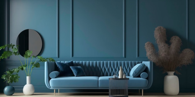 Un soggiorno con un divano blu e una lampada.
