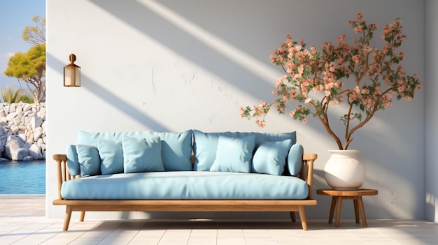 Un soggiorno con un divano blu e una parete bianca con un bel balcone fiorito