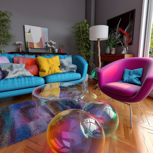 Un soggiorno con un divano blu e una sedia viola con un cuscino viola.