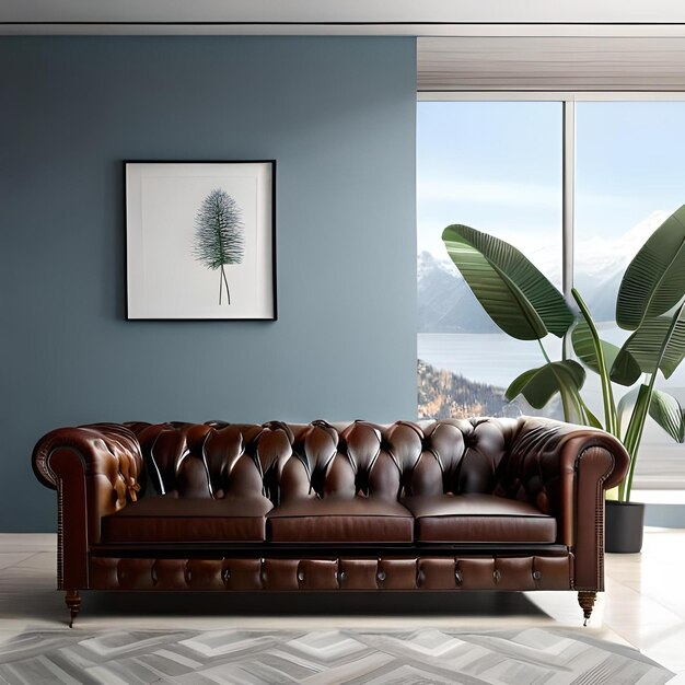 Un soggiorno con un divano chesterfield in pelle e una parete bianca calda atmosfera in stile americano anni '80