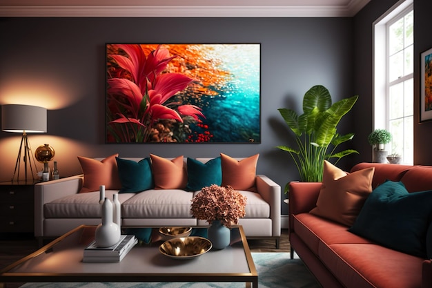 Un soggiorno con un divano e un grande quadro raffigurante un fiore.
