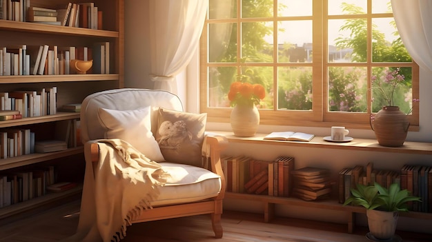 Un soggiorno con un divano e un libro sul davanzale della finestra