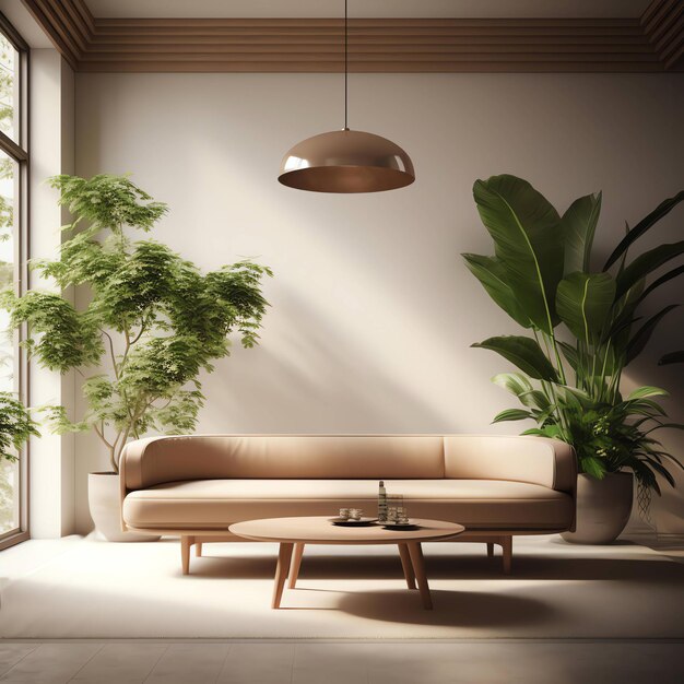 Un soggiorno con un divano e un tavolo con delle piante sopra.