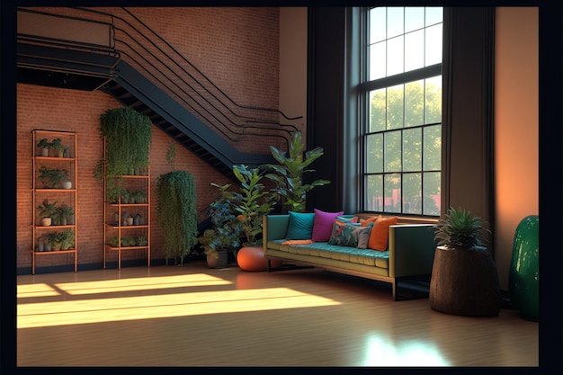 Un soggiorno con un divano e una finestra con delle piante sopra.