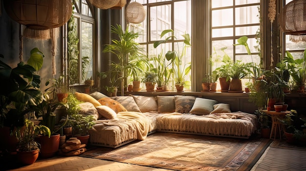 un soggiorno con un divano e una finestra con piante su di esso