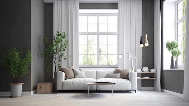 Un soggiorno con un divano e una finestra con sopra una pianta.