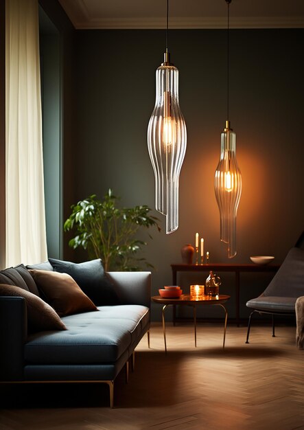 un soggiorno con un divano e una lampada che dice " la luce "