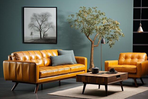 un soggiorno con un divano giallo e il dipinto di un albero.