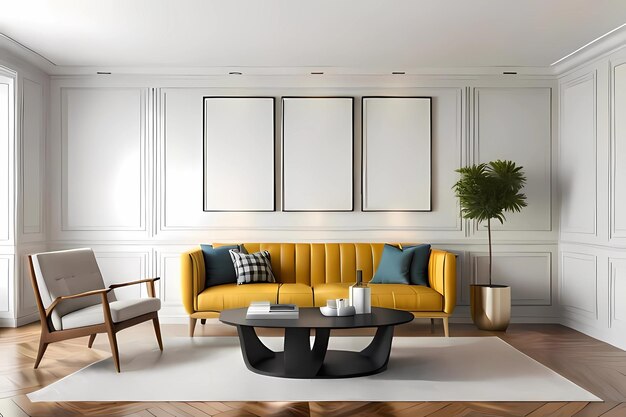 Un soggiorno con un divano giallo e un tavolino con tre cornici bianche alla parete.