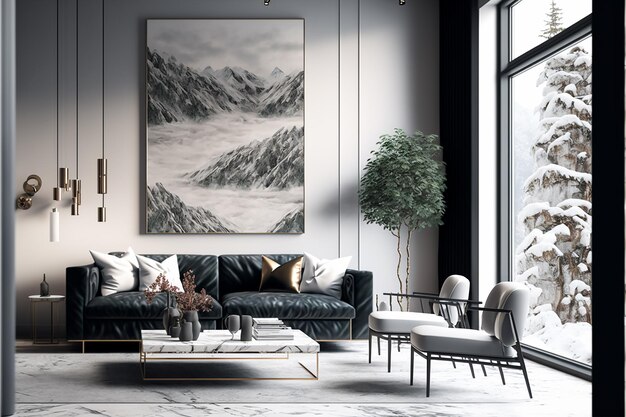 Un soggiorno con un divano nero e un grande dipinto di montagne.