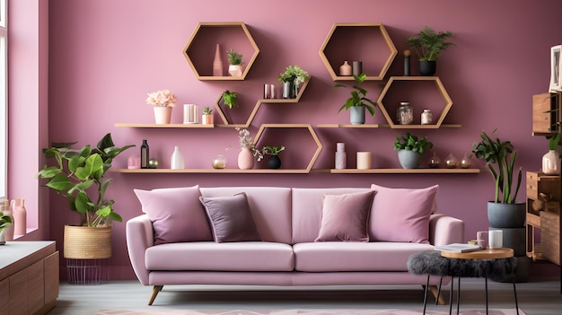 un soggiorno con un divano rosa e scaffali pieni di piante in vaso Biblioteca interna costiera con