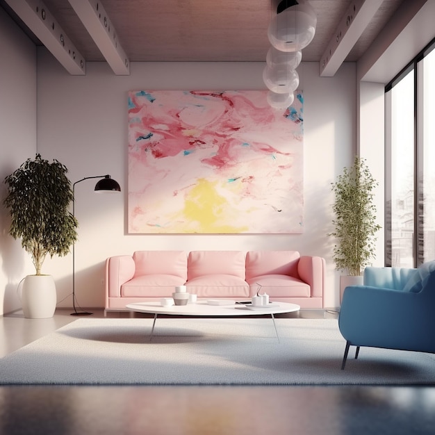 un soggiorno con un divano rosa e un divano blu con un dipinto rosa e giallo sul muro