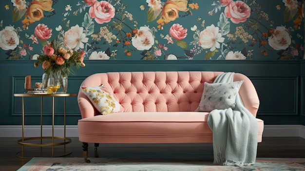 Un soggiorno con un divano rosa e un divano rosa con sopra un vaso di fiori.