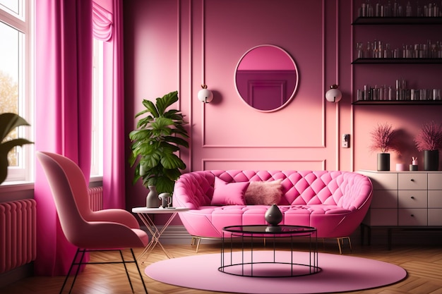 Un soggiorno con un divano rosa e un tavolo di vetro.