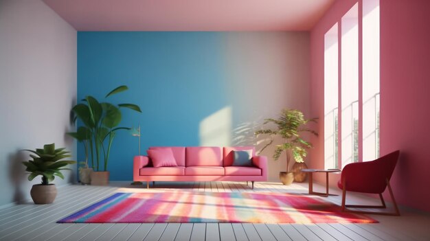 Un soggiorno con un divano rosa e una pianta sul muro.