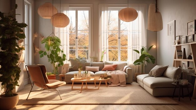 Un soggiorno con un divano, un tavolo e una lampada.