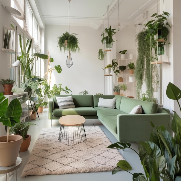 Un soggiorno con un divano verde e un tavolino con piante appese al soffitto.