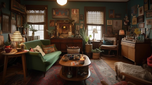Un soggiorno con un divano verde, un tavolino, un tavolino e una finestra con sopra una pianta.