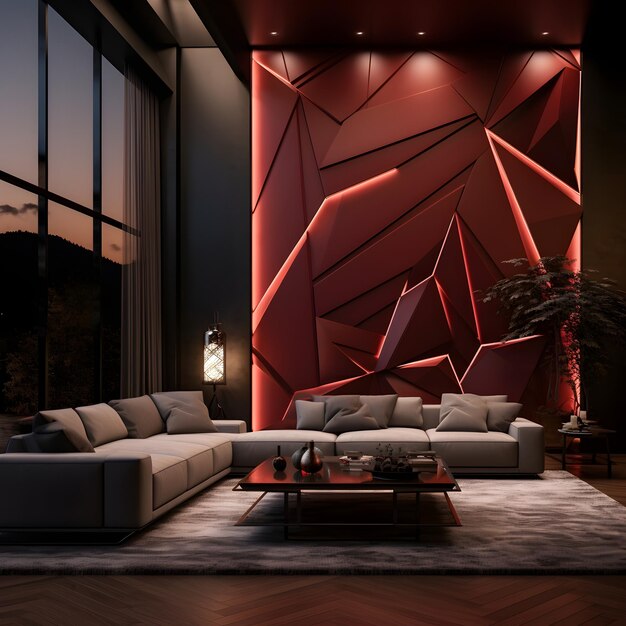 un soggiorno con un grande divano e una grande finestra interno contemporaneo soggiorno con rosso intenso