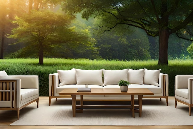 Un soggiorno con un grande murale raffigurante una foresta e un campo verde.
