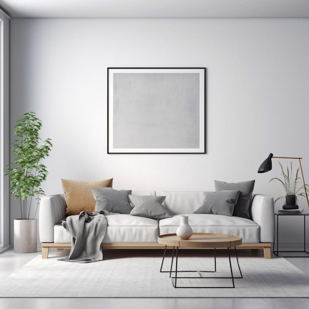 Un soggiorno con un tappeto bianco e l'immagine di una pianta sul muro.