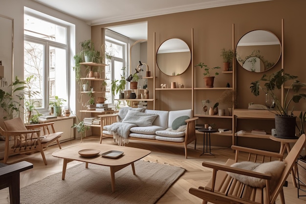 Un soggiorno con un tavolo di legno, un tavolino da caffè e un divano con una struttura in legno che dice "verde"