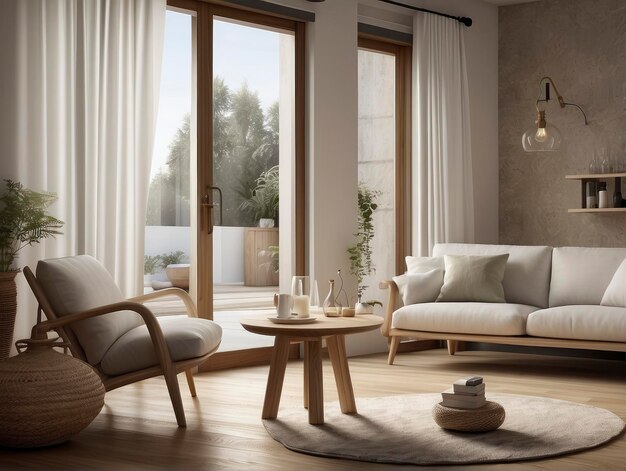 un soggiorno con un tavolo, una poltrona e una finestra
