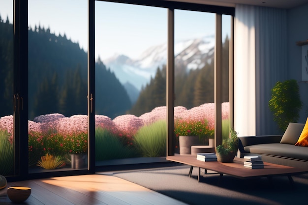 Un soggiorno con una grande finestra che ha sullo sfondo una vista sulle montagne.