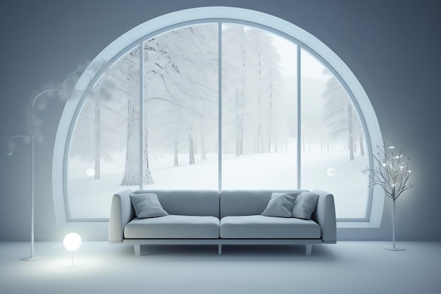 Un soggiorno con una grande finestra coperta di neve.